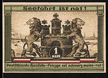 Notgeld Hamburg 1921, 1 Mark, Kultur- u. Sportwoche 1921, Zwei Löwen mit Burg