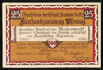 Notgeld Hamm /Westf. 1921, 25 Pfennig, General C. F. von Wolfersdorff