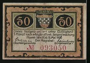 Notgeld Hamm i. Westf. 1920, 50 Pfennig, Uferpartie, Stadtwappen