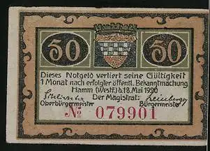 Notgeld Hamm i. Westf. 1920, 50 Pfennig, Uferpartie, Stadtwappen