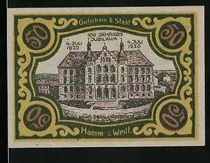 Notgeld Hamm i. Westf. 1920, 50 Pfennig, 10 jähriges Jubiläum 1820-1920, Neues Oberlandesgericht, Stadtwappen