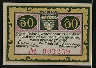 Notgeld Hamm i. Westf. 1920, 50 Pfennig, 10 jähriges Jubiläum 1820-1920, Neues Oberlandesgericht, Stadtwappen