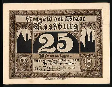 Notgeld Moosburg 1921, 25 Pfennig, Isartor, Wappen