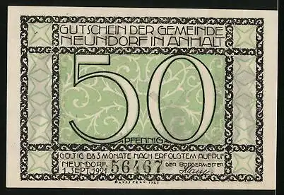 Notgeld Neundorf i. Anh. 1921, 50 Pfennig, Windmühle