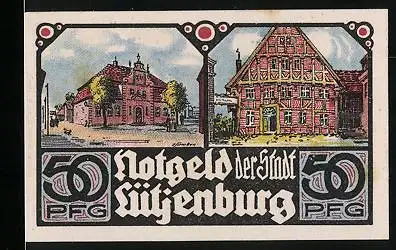 Notgeld Lütjenburg 1921, 50 Pfennig, Zwei Gebäude des Dorfes und Kirche