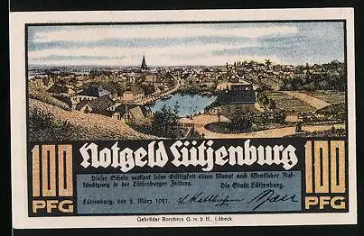 Notgeld Lütjenburg 1921, 100 Pfennig, Ortspanorama und Fachwerkhaus