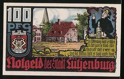 Notgeld Lütjenburg 1921, 100 Pfennig, Ortspanorama und Fachwerkhaus