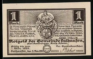 Notgeld Dalhausen i. Westf. 1921, 1 Mark, Gnadenbild Maria, Wappen