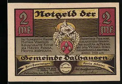 Notgeld Dalhausen i. Westf. 1921, 2 Mark, Ortsansicht, Wappen