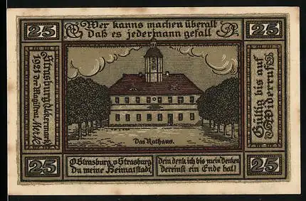 Notgeld Strasburg /Uckermark 1921, 25 Pfennig, Das Rathaus