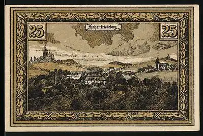 Notgeld Hohenfriedeberg, 25 Pfennig, Panorama mit Kirche