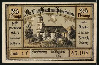 Notgeld Hohenfriedeberg, 25 Pfennig, Panorama mit Kirche