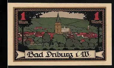 Notgeld Bad Driburg i. W. 1921, 1 Mark, Ortspartie mit Kirche
