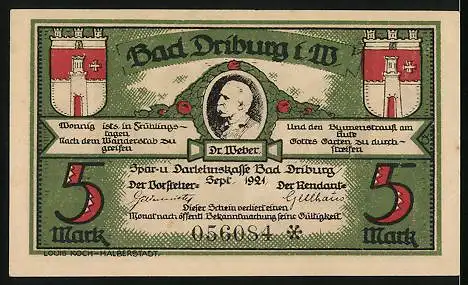 Notgeld Bad Driburg i. W. 1921, 5 Mark, Gebäudeansicht