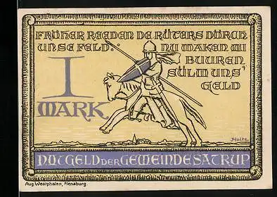 Notgeld Satrup i. A. 1921, 1 Mark, Ritter zu Pferde, Wappen