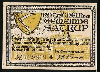 Notgeld Satrup i. A. 1921, 1 Mark, Ritter zu Pferde, Wappen