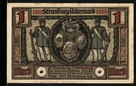 Notgeld Strasburg /Uckermark, 1 Mark, Volksschule, Evangelische Kirche, Wappen