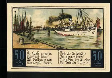Notgeld Swinemünde, 50 Pfennig, Dampfer Swinemünde im Hafen, Wappen