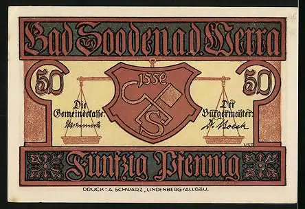 Notgeld Bad Sooden a. d. Werra, 50 Pfennig, Strassenpartie mit Apotheke, Wappen
