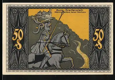 Notgeld Bad Blankenburg /Thür. Wald 1921, 50 Pfennig, Burg Greifenstein und Ritter zu Pferde