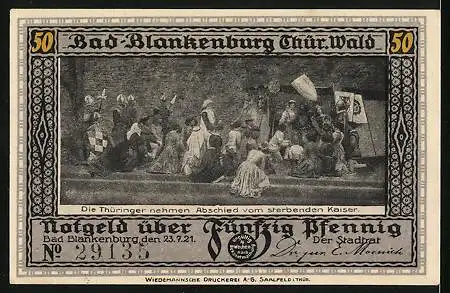 Notgeld Bad Blankenburg /Thür. Wald 1921, 50 Pfennig, Burg Greifenstein und Ritter zu Pferde