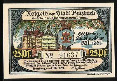 Notgeld Butzbach 1921, 25 Pfennig, 600 jähriges Stadtjubiläum 1321-1921, Partie am Obstbaum mit Wappen