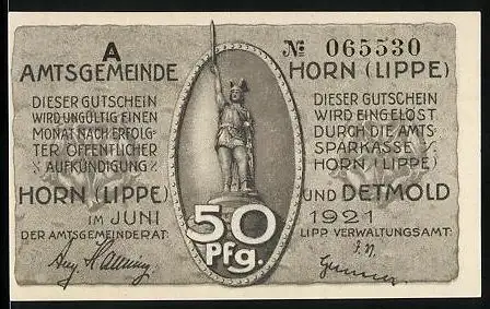 Notgeld Horn /Lippe 1921, 50 Pfennig, Römer zu Pferde, Krieger