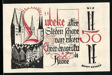 Notgeld Lübeck 1921, 50 Pfennig, Ortspartie mit Kirche