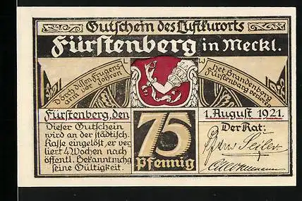 Notgeld Fürstenberg in Meckl. 1921, 75 Pfennig, Uferpartie mit Anglern, Wappen