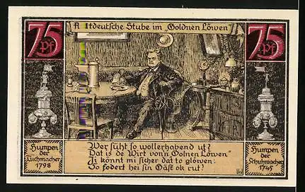 Notgeld Fürstenberg in Meckl. 1921, 75 Pfennig, Gasthaus Goldner Löwe, Mann in der altdeutschen Stube, Wappen