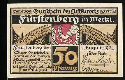 Notgeld Fürstenberg in Meckl. 1921, 50 Pfennig, Abhang mit Schlittenfahrern, Wappen
