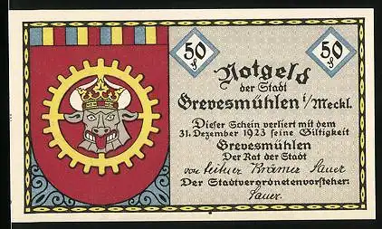 Notgeld Grevesmühlen i. Meckl. 1923, 50 Pfennig, Stadtwappen