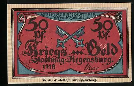 Notgeld Regensburg 1918, 50 Pfennig, Stadtwappen