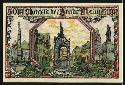 Notgeld Mainz 1921, 50 Pfennig, Marktbrunnen, Gutenberg Denkmal, Mainzer Dom