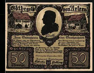 Notgeld Artern i. Thüringen 1921, Gasthaus zur Krone, Goethe, Goethehaus