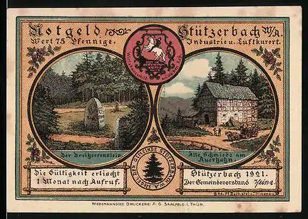 Notgeld Stützerbach /W.-A. 1921, 75 Pfennig, Der Dreiherrenstein, Alte Schmiede am Auerhahn
