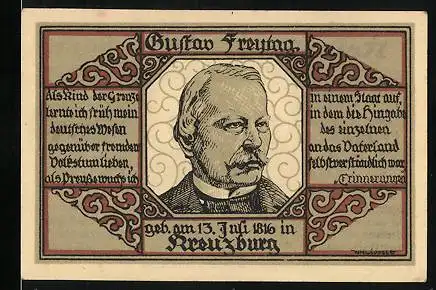 Notgeld Kreuzburg in Oberschlesien, 1 Mark, Portrait von Gustav Freytag