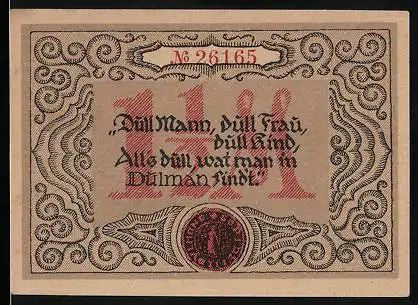 Notgeld Dülmen i. Westf. 1921, 1 1 /2 Mark, Ortspartie, Siegel