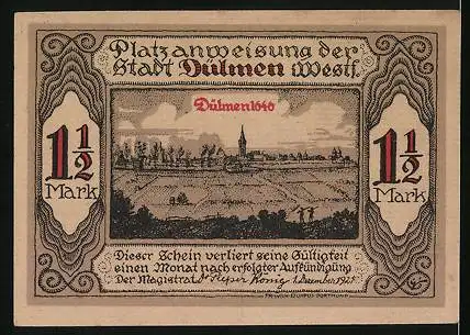 Notgeld Dülmen i. Westf. 1921, 1 1 /2 Mark, Ortspartie, Siegel