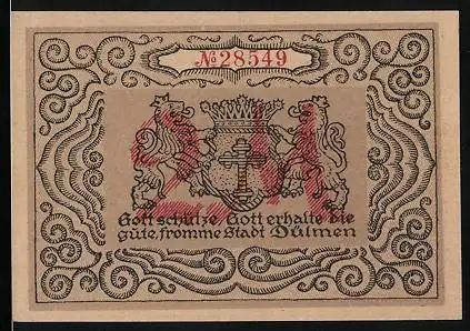 Notgeld Dülmen i. Westf. 1921, 2 Mark, Lüdingauser Tor, Stadtwappen