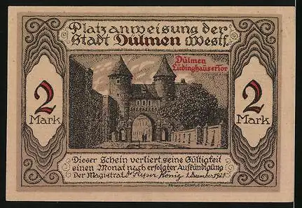 Notgeld Dülmen i. Westf. 1921, 2 Mark, Lüdingauser Tor, Stadtwappen