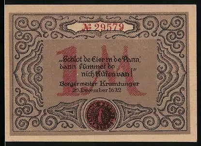 Notgeld Dülmen i. Westf. 1921, 1 Mark, Schlot de Eier in de Pann..., Borgermester Krumtunger 1622, Siegel