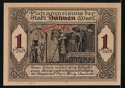 Notgeld Dülmen i. Westf. 1921, 1 Mark, Schlot de Eier in de Pann..., Borgermester Krumtunger 1622, Siegel