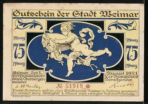 Notgeld Weimar 1921, 75 Pfennig, Wenn sich die andre neu in Kleidern bläht..., Faust II