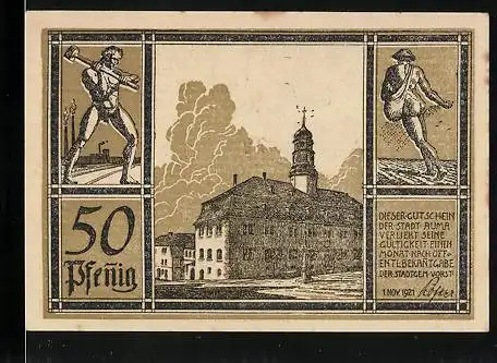 Notgeld Auma 1921, 50 Pfennig, Arbeiter mit Hammer, Rathaus