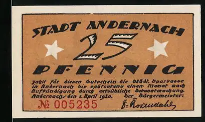 Notgeld Andernach 1920, 25 Pfennig, Blick zur Burg