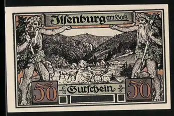 Notgeld Ilsenburg am Harz 1921, 50 Pfennig, Ortspartie mit Hirsch und Rehen