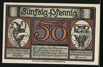 Notgeld Ilsenburg am Harz 1921, 50 Pfennig, Ortspartie mit Hirsch und Rehen