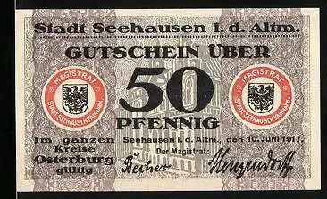 Notgeld Seehausen i. d. Altm. 1917, 50 Pfennig, Gebäudeansicht, Wappen