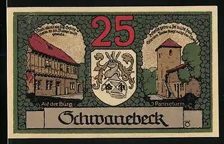 Notgeld Schwanebeck 1921, 25 Pfennig, Auf der Burg, Panneturm, Wappen